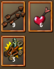 9x Schokopfeile (1x), 6x Amorspfeil (∞), 3x kl. Katapult T11